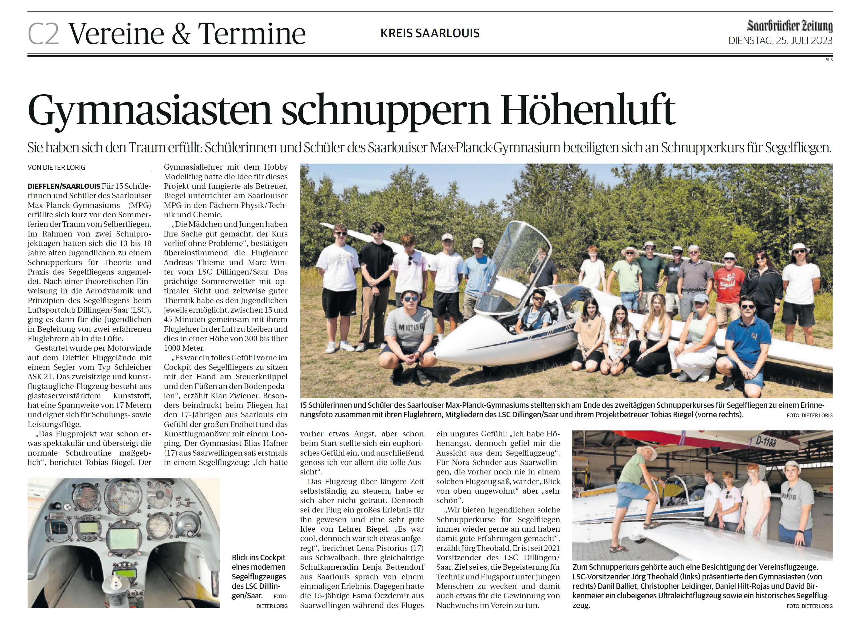 Saarbrücker Zeitung v. 25.07.2023 - Gymnasiasten schnuppern Höhenluft